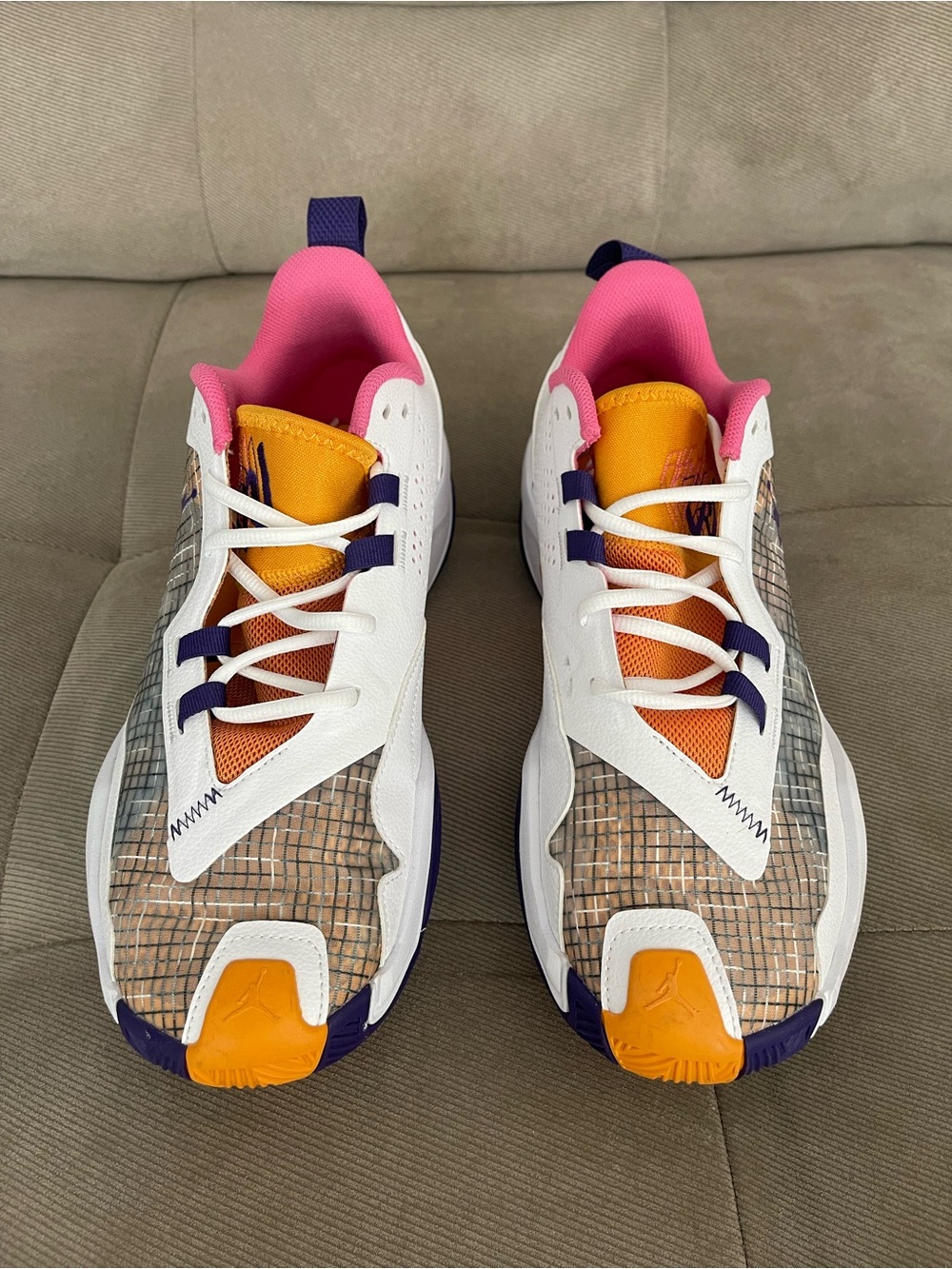 Mens Jordan White Sneakers with Pink, Orange & Purple Accents